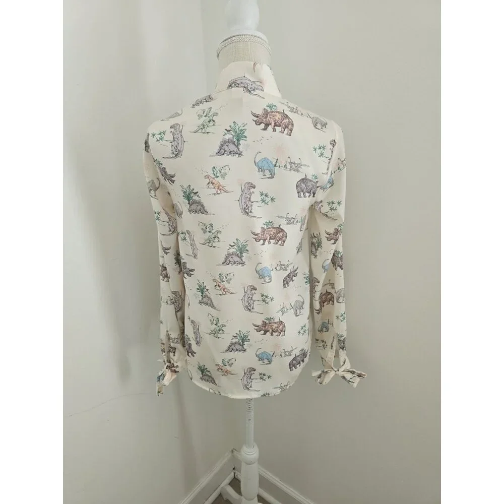 Modcloth Dinosaur Animal Print Miss Frizzle Ivory Bow Tie Button Up Blouse S Top - Picture 8 of 11